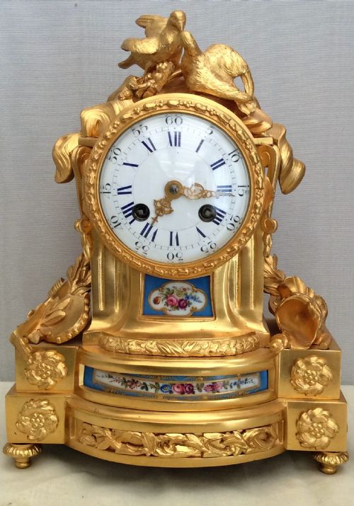 Stunning Ormolu "Lovebirds" Mantel Clock with Sevres Style Panels - Servant of Paris