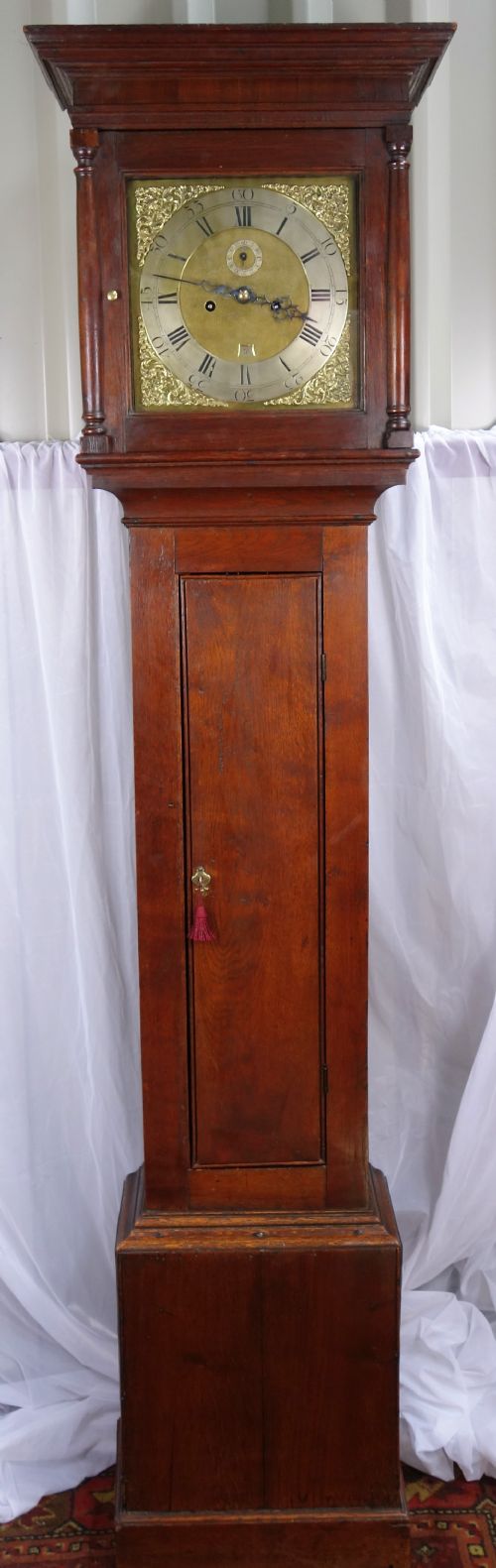 Small Slim Early 18th/ Georgian ( George II ) Oak Cased Brass Dial 8 Day Grandfather or Long Case (Longcase) Brass Dial 8 Day Clock