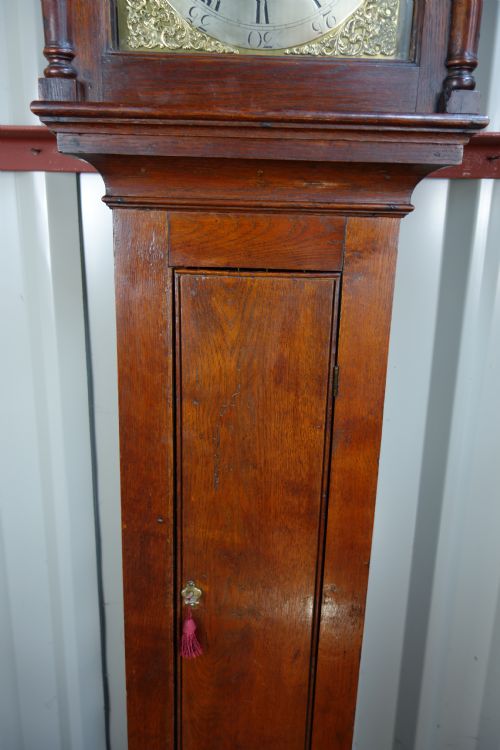 fig 1. Small Slim Early 18th/ Georgian ( George II ) Oak Cased Brass Dial 8 Day Grandfather or Long Case (Longcase) Brass Dial 8 Day Clock