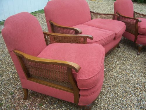 Art Deco Walnut Bergere Suite Settee & 2 Armchairs