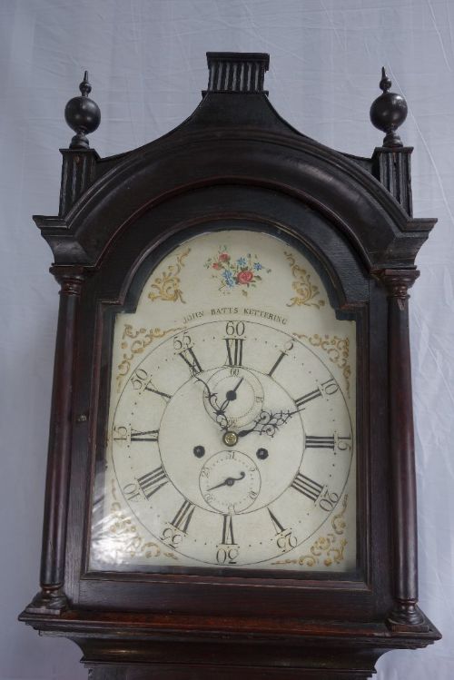 fig 1. GEORGE III MAHOGANY CASED LONGCASE OR GRANDFATHER CLOCK BY JOHN BATES (BATTS) OF KETTERING WITH ATTRACTIVE FLORAL DIAL CIRCA 1780-90