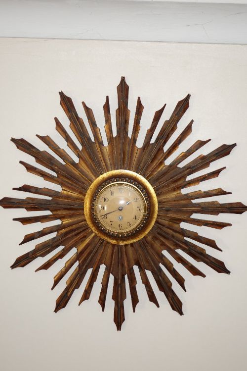 Late 19th Early 20th Century Sun or Star Burst French Cartel Wall Clock in a Wooded Gilt Frame