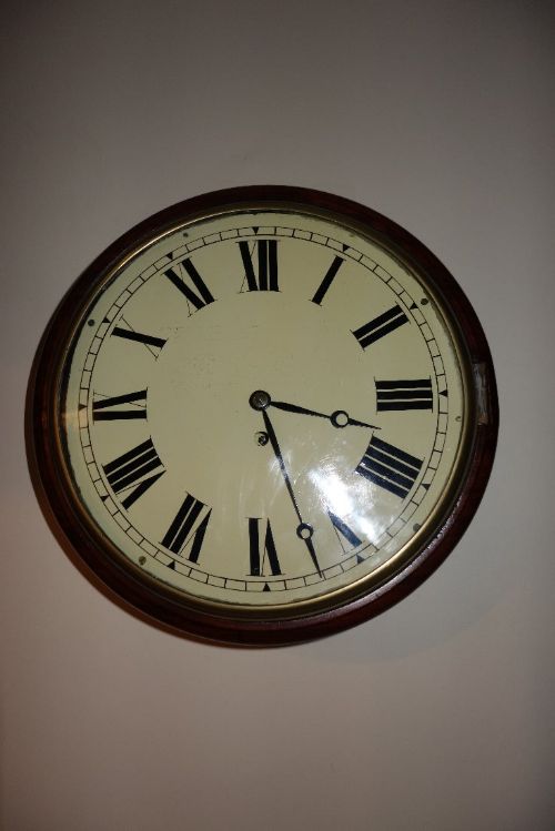 Mid 19th C Slim Mahogany Fusee Railway or School Type Wall or Dial Clock