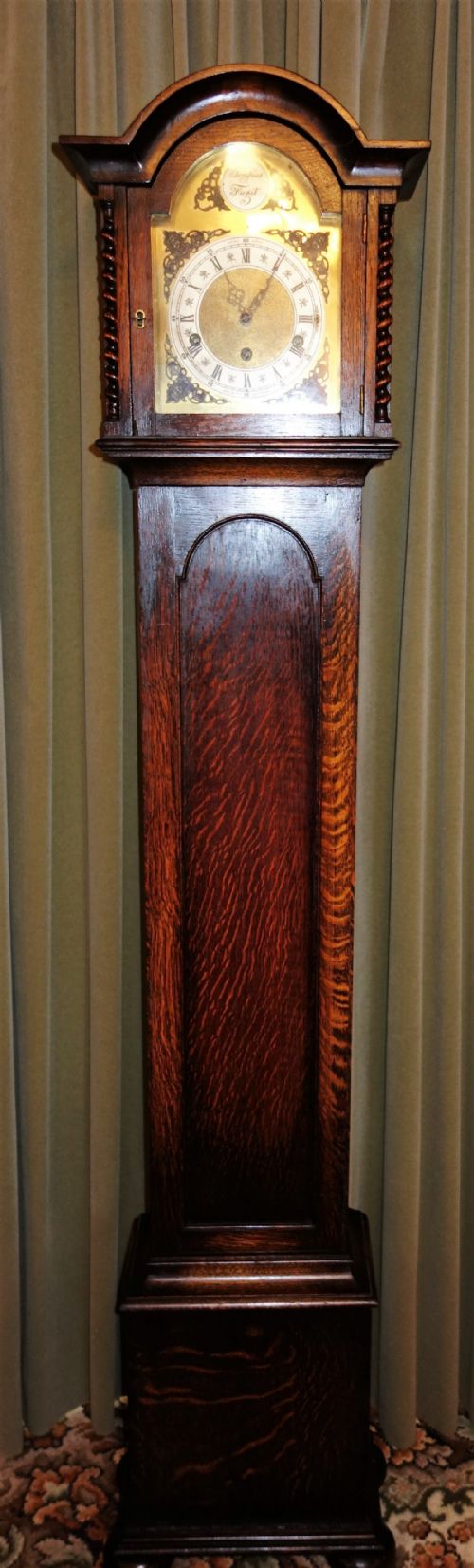 Late 19th/edwardian C Barley Twist Oak Cased Grandmother or Small Longcase/grandfather Chiming Clock