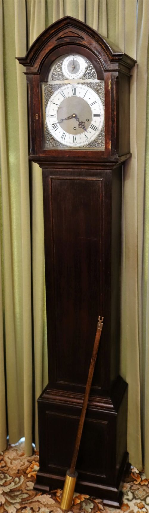 1920'S Oak Chiming Grandmother or Small Grandfather Longcase Clock - Retailed by Barkers the Famous Kensington London Departmental Shop.