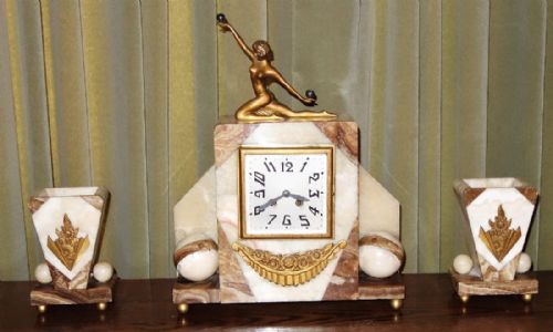 Art Deco Marble French Mantle Clock Surmounted by Bronze Dancing Girl + Vase Garnitures