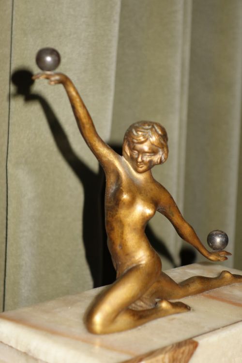 fig 1. Art Deco Marble French Mantle Clock Surmounted by Bronze Dancing Girl + Vase Garnitures