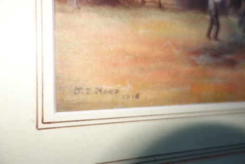 EARLY 20TH CENTURY GLAZED AND FRAMED ORIGINAL WATERCOLOUR RURAL HARVEST LANDSCAPE FARMERS LOADING HORSE CART JE HOOD 1916 DURING THE FIRST WORLD WAR - ADDITIONAL PHOTO 3