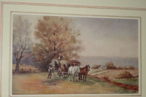 EARLY 20TH CENTURY GLAZED AND FRAMED ORIGINAL WATERCOLOUR RURAL HARVEST LANDSCAPE FARMERS LOADING HORSE CART JE HOOD 1916 DURING THE FIRST WORLD WAR - ADDITIONAL PHOTO 4