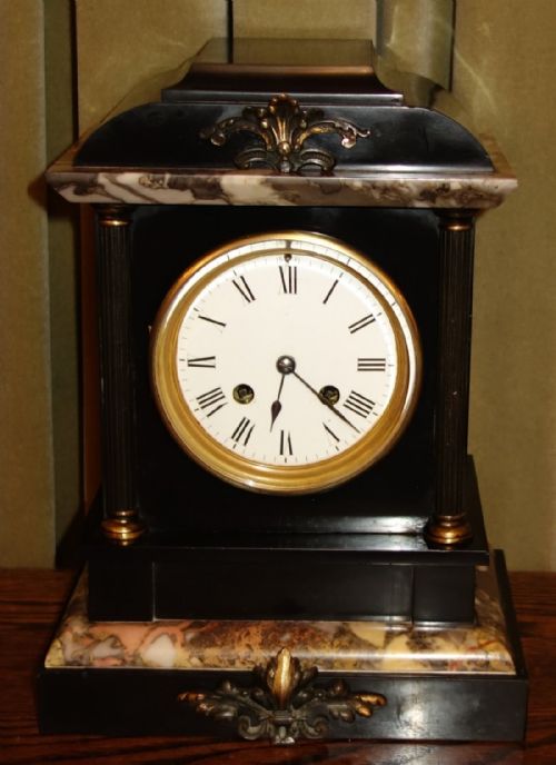 Smart & Classy Slate, Malachite & Gilt Ormolu Cased French 8 Day Bell Striking Clock - Late 19th Century