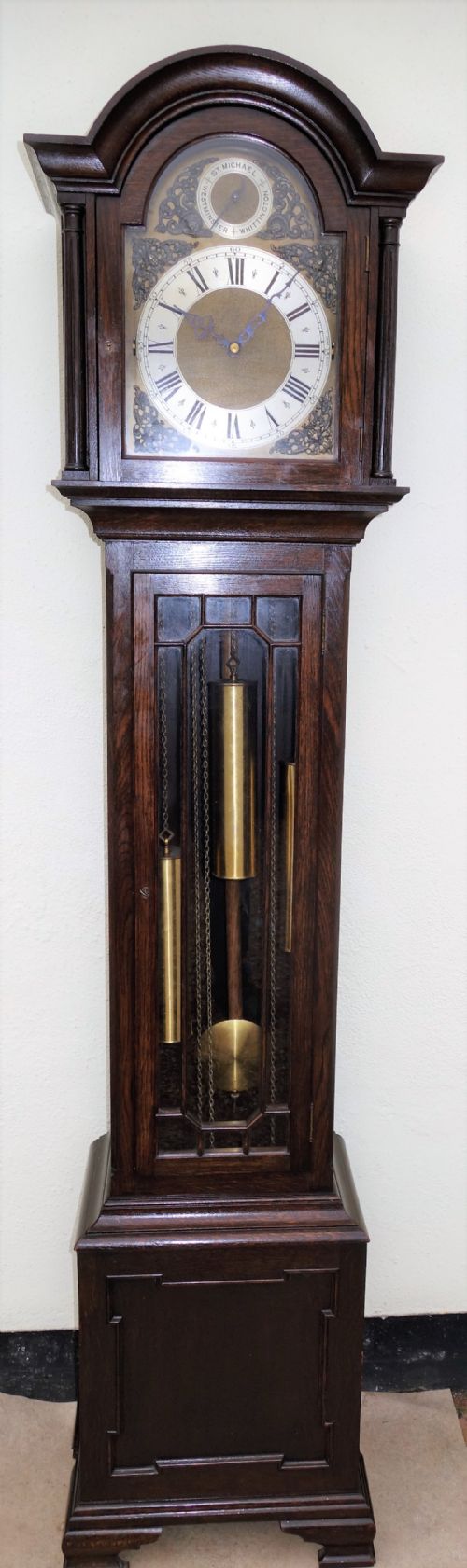Glass Fronted Edwardian Oak Triple Weight Grandfather Longcase Clock