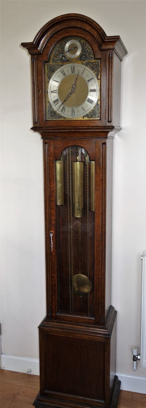 Fine Oak Glass Door Musical Grandfather Longcase Clock - Westminster, Whittington & St Michael Tunes - 76 Inches High