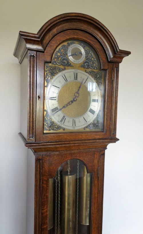 fig 1. Fine Oak Glass Door Musical Grandfather Longcase Clock - Westminster, Whittington & St Michael Tunes - 76 inches High