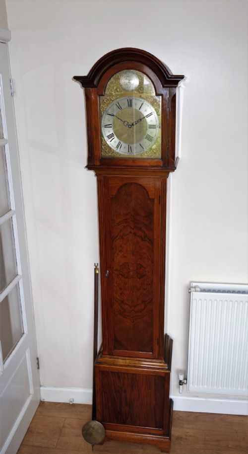 Fine Burr Walnut Triple Weight Grandfather Longcase Clock with Westminster, Whittington & St Michael Musical Chimes