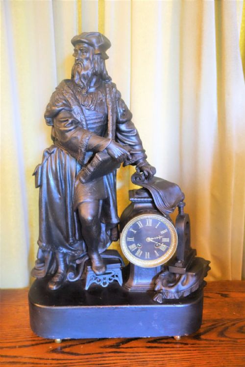 Imposing Figural French Spelter Mantle Clock of Johannes Gutenberg the Inventor of the Printing Press