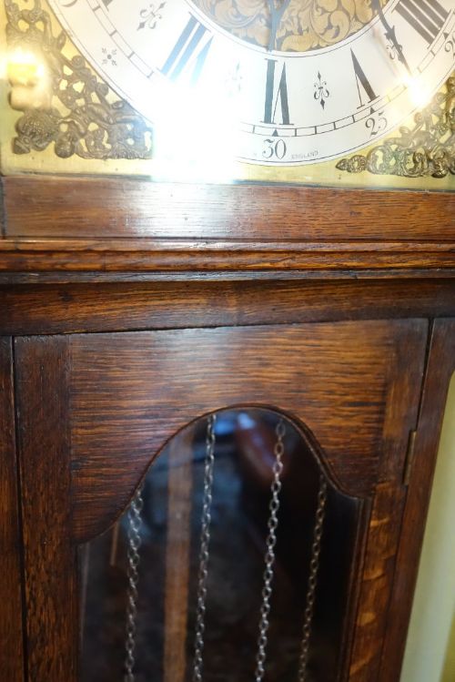 fig 1. Glass Fronted Triple Weight Westminster Chiming Oak Cased Grandmother or Grandfather Longcase clock 