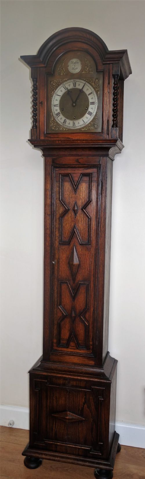 Late 19th C Black Forest Westminster Chiming Grandmother or Small Grandfather Longcase Clock by Baduf with Patent No.379092 Circa 1888.