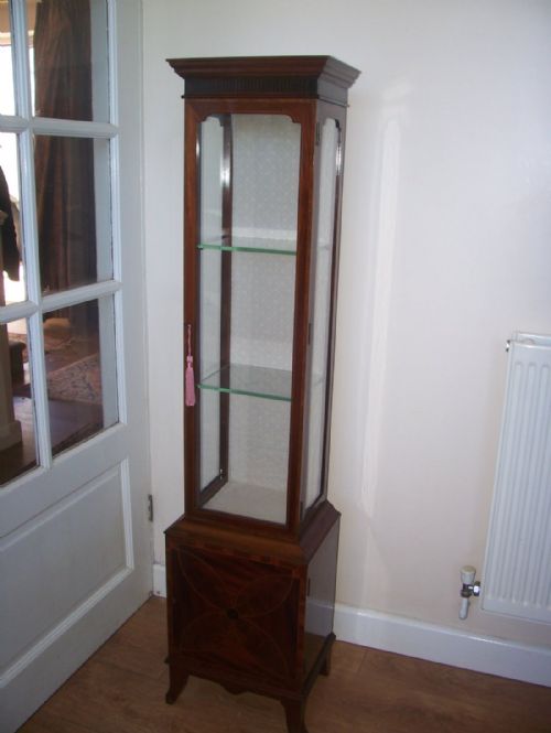 Narrow Inlaid Mahogany Pedestal Display Cabinet