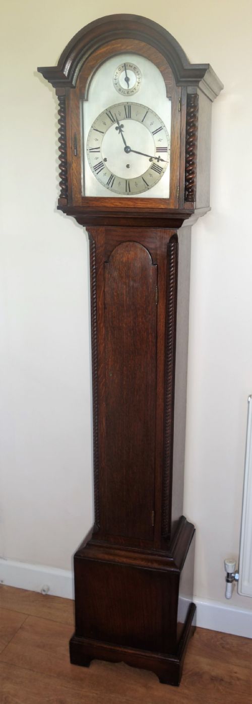 Delightful Barley Twist Oak Cased Grandmother Longcase Clock with Silvered Dial & Strike/silent -Late 19th / Early 20th Century