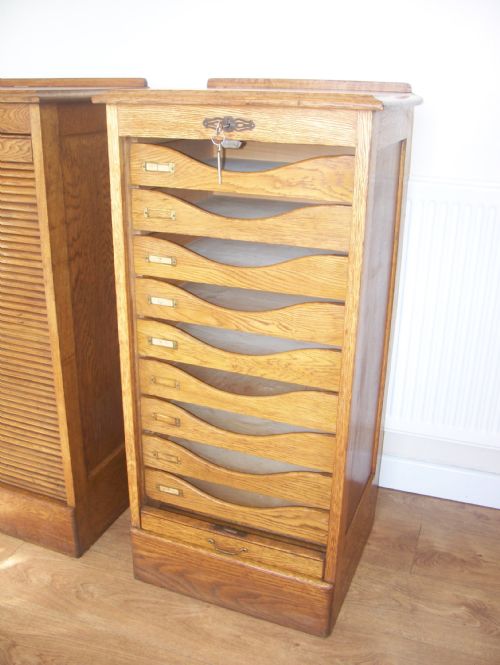 Single Edwardian Oak Tambour Front 9 Drawer Filing Cabinet