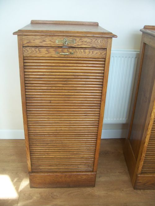 Single Edwardian Oak Filing Cabinet with Tambour Front and 9 Drawers 1 of 2