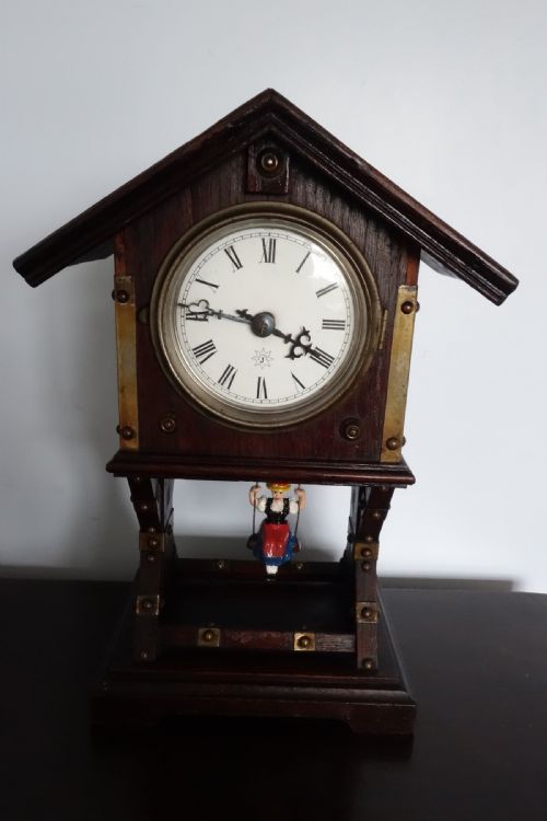 Swinging Maiden Pendulum Automaton Black Forest Junghans  Mantel Wooden Chalet Clock - Late 19th/early 20th Century