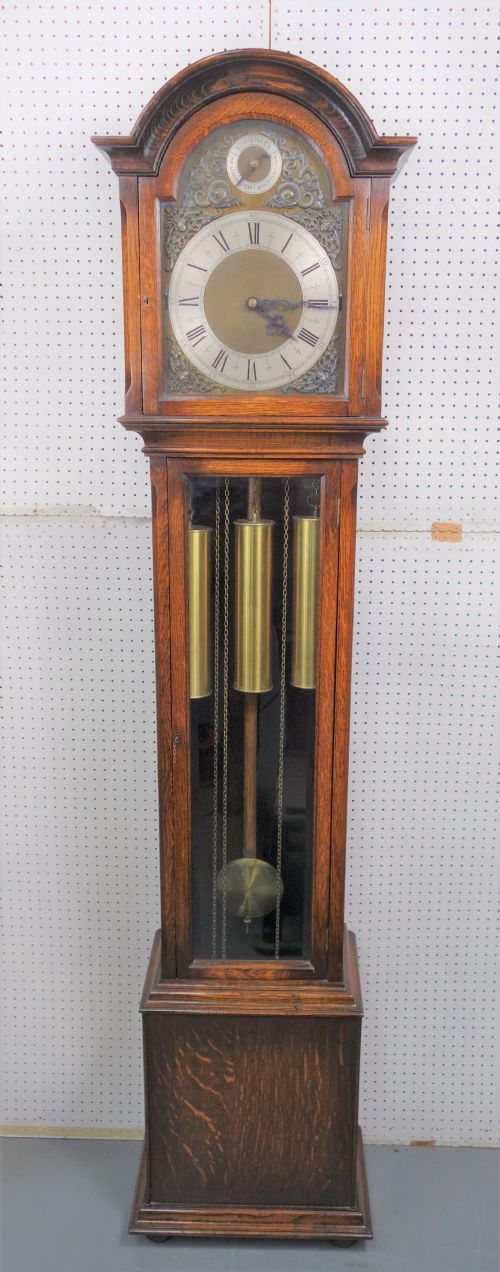 Good Quality Triple Chime Triple Weight Oak Cased Musical Grandmother/grandfather Longcase Clock - Circa 1920
