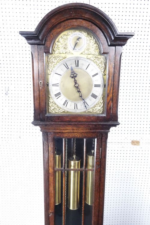 fig 1. Top Quality Triple Tune Musical Triple Weight Grandmother/Grandfather Longcase clock in an 18th Century Style Glass Fronted Oak Case - Circa 1920