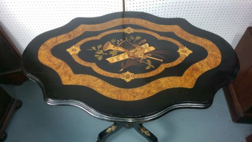 Victorian Ebonised and Amboyna Tilt Top Table Music Inlay