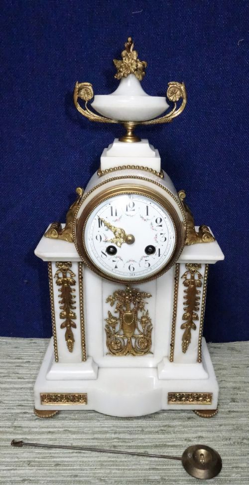 Beautiful White Marble & Ormolu (Gilt Bronze) Quality French 8 Day Bell Striking Mantel/mantle Clock with Hand Painted Enamel Dial -  Circa 1870