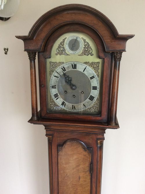 fig 1. Gustav Becker Late 19th C. Figured Walnut Petite Chiming Grandfather or Grandmother Longcase Clock