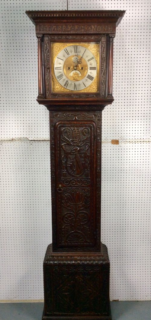 18th C. George III Lake District Carved Oak Grandfather Longcase Clock. I Tarry for None.