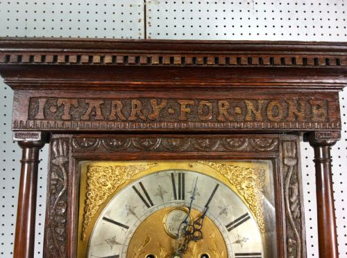 fig 1. 18th C. George III Lake District Carved Oak Grandfather Longcase Clock. I TARRY FOR NONE.
