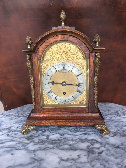 Small 19th C Fusee Oak Bracket or Mantel/mantle  8 Day Timepiece Clock - Webster -Established 1711