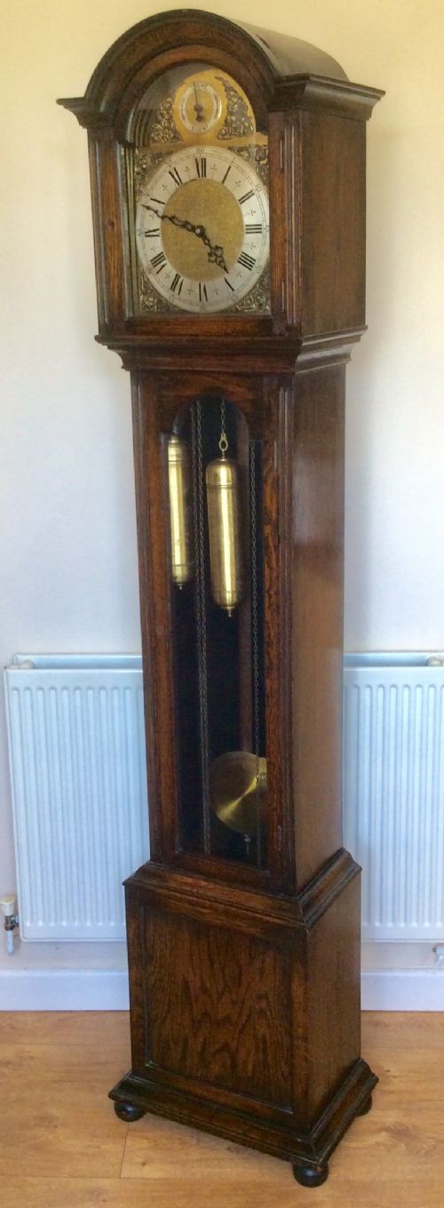 Triple Weight Westminster Chiming Musical Grandmother or Grandfather Oak Longcase Clock with Glass Door and Strike Silent