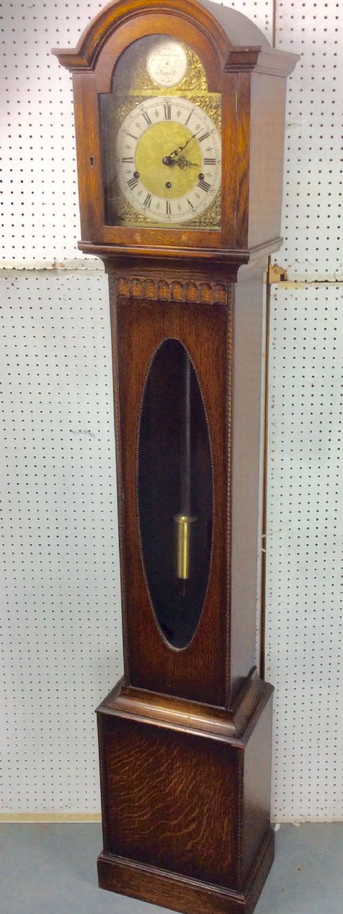 Charming 1920’S Oak Cased Westminster Musical Small Grandmother/grandfather Longcase Clock with Oval Glass Front