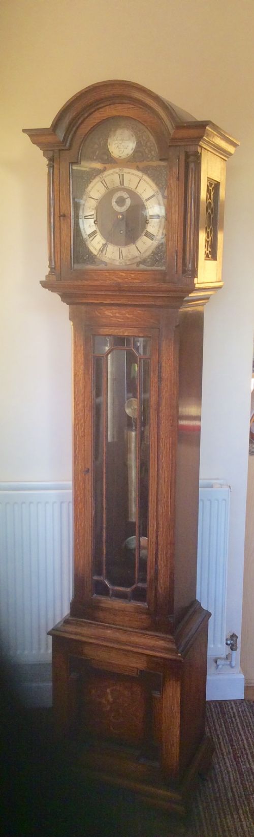 Top Quality Glass Fronted Cable Driven Triple Weight Westminster Chiming Oak Cased Grandfather Longcase Clock with Seconds Chapter Ring