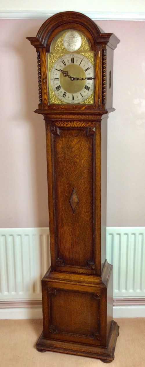 Mellow Sounding Triple Weight Oak with Barley Twist Columns Grandmother or Grandfather Longcase Clock