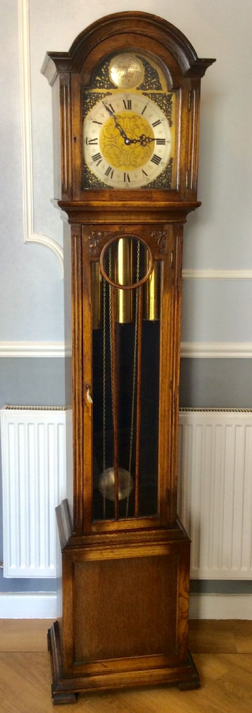 English Triple Weight Westminster Chiming Glass Fronted Grandmother or Grandfather Longcase Clock