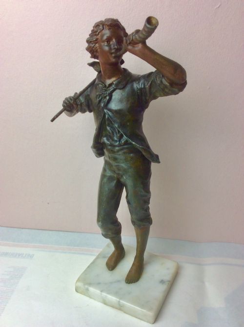 “Little Boy Blue” Bronzed Spelter Figural Statue on Marble Base