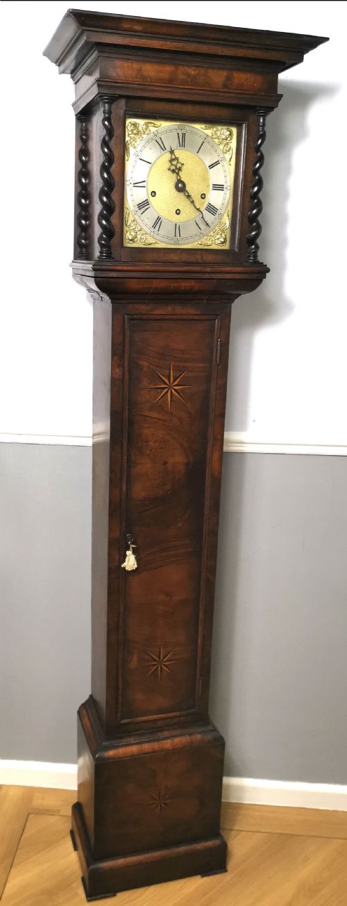 Late 19th Century Walnut with Star Inlay and Barley Twist Columns Grandmother or Small Grandfather Longcase Quarter Chiming Clock.
