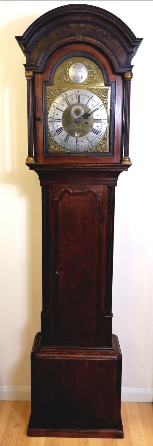 Well Proportioned 18th Century Georgian Oak with Mahogany Banding & Reeded Columns Grandfather Longcase Clock - John Greenough Circa 1780.