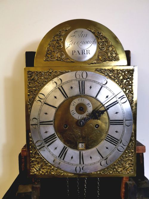 fig 1. Well Proportioned 18th Century Georgian Oak with Mahogany Banding & Reeded Columns Grandfather Longcase Clock - John Greenough Circa 1780.