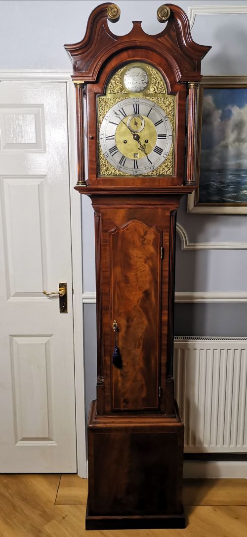 Georgian 8 Day Grandfather Longcase Clock by Pye of Falmouth Circa 1760 in a Flame Mahogany Case