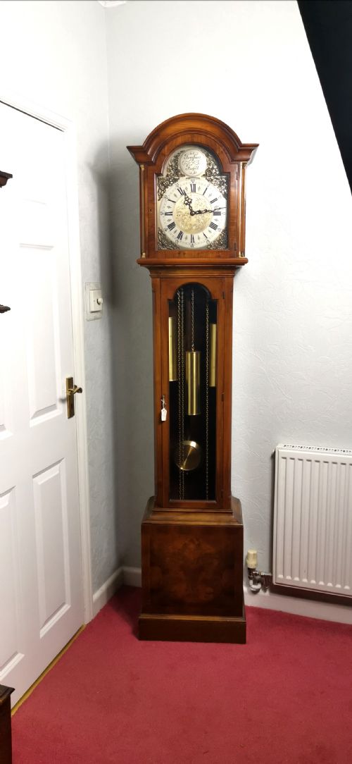Triple Weight Triple Tune Warm Walnut Grandmother or Grandfather Musical Longcase Clock