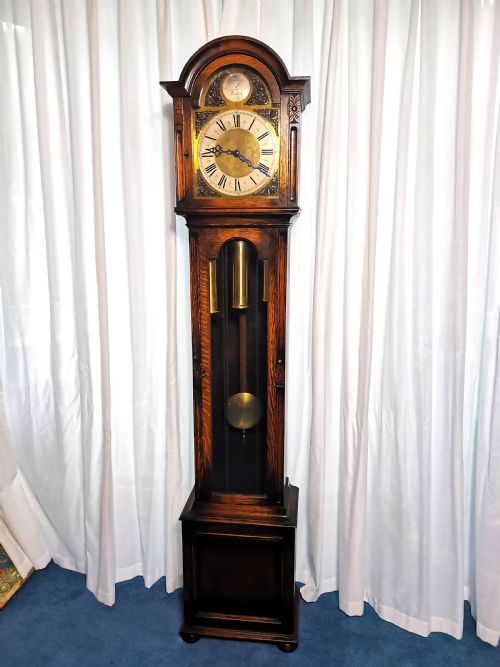 Triple Weight Westminster Chiming Musical Grandfather or Grandmother Oak Glass Fronted Cased Longcase Clock