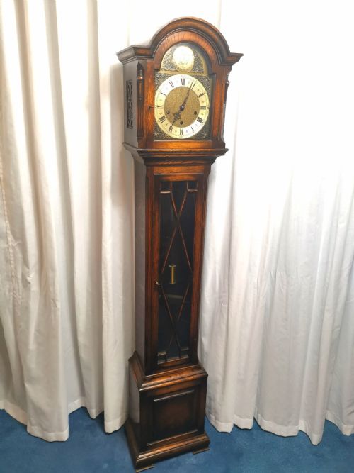 English Edwardian Triple Train Glass Fronted Oak Grandmother or Small Grandfather Musical Longcase Clock