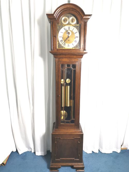Impressive Triple Tune Triple Weight Musical Astigal Glazed Oak Grandfather Longcase Clock with Strike & Silent