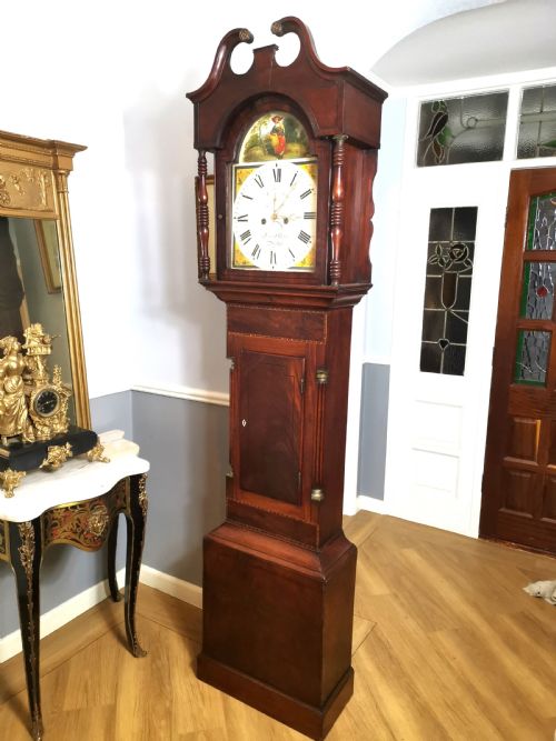 Late Georgian 8 Day Mahogany & Inlaid Grandfather Longcase Clock with Hour Striking & Painted Dial