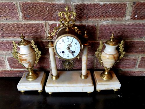 Marble & Gilt Portico Bell Striking French Mantel Clock with Matching Garnitures and Sunburst Pendulum